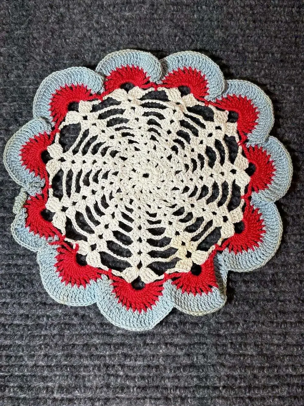 Vintage Hand Crocheted Cotton Doily Trivet Hot Pad Red White and Blue Ruffled Ed